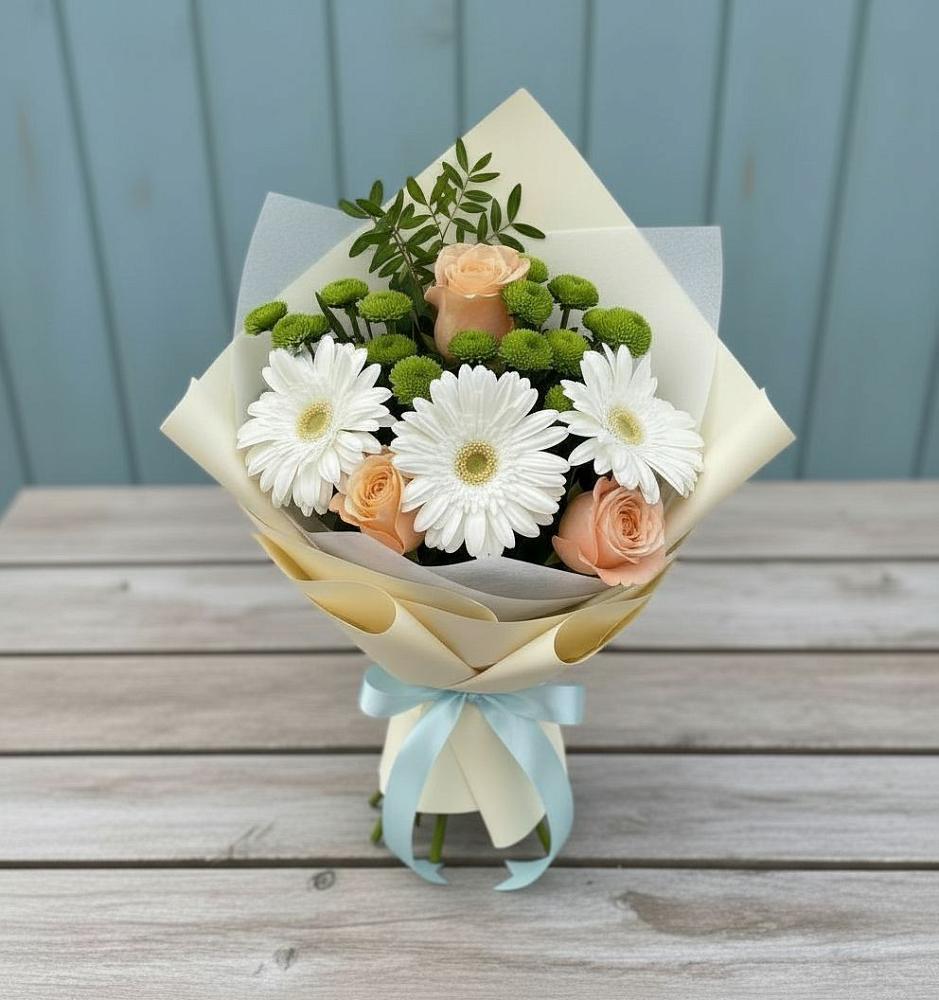 Букет цветов из: Герберы, Розы и Хризантемы в Юрла